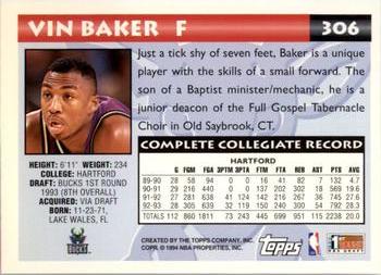 1993-94 Topps - Gold #306 Vin Baker Back