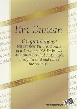 1998 Press Pass Authentics - Autographs #NNO Tim Duncan Back