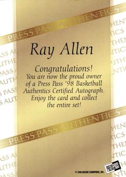 1998 Press Pass Authentics - Autographs #NNO Ray Allen Back