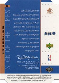 1998-99 SP Authentic - Sign of the Times Bronze #NA Nick Anderson Back