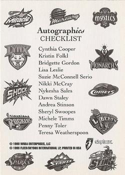 1999 Hoops WNBA - Autographics #NNO Checklist Front