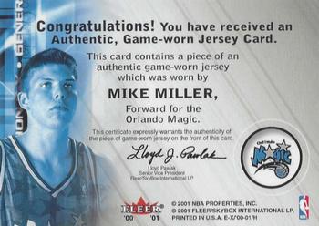 2000-01 E-X - Generation E-X Game Jerseys #NNO Mike Miller Back