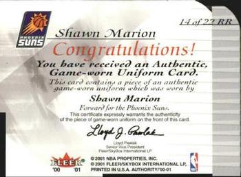 2000-01 Fleer Authority - Rookie Reflections #14 RR Shawn Marion Back