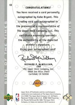 2000-01 SP Authentic - Sign of the Times Platinum #KB Kobe Bryant Back