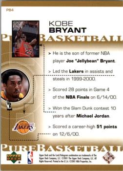 2000-01 Upper Deck - Pure Basketball #PB4 Kobe Bryant Back
