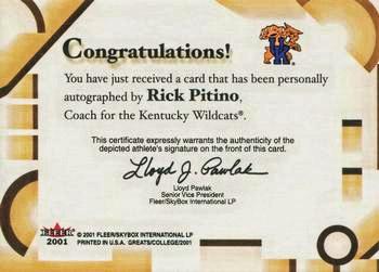 2001 Fleer Greats of the Game - Autographs #NNO Rick Pitino Back