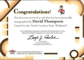 2001 Fleer Greats of the Game - Autographs #NNO David Thompson Back