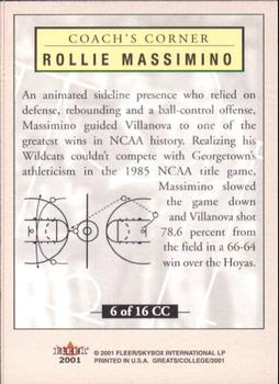 2001 Fleer Greats of the Game - Coach's Corner #6CC Rollie Massimino Back