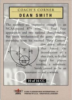 2001 Fleer Greats of the Game - Coach's Corner #10CC Dean Smith Back