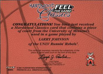 2001 Fleer Greats of the Game - Feel the Game Hardwood Classics #NNO Larry Johnson Back