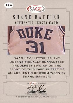 2001 SAGE - Authentic Jerseys Bronze #J2b Shane Battier White Back