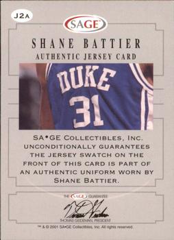 2001 SAGE - Authentic Jerseys Gold #J2a Shane Battier Blue Back