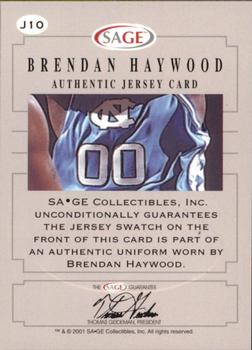 2001 SAGE - Authentic Jerseys Platinum #J10 Brendan Haywood Back