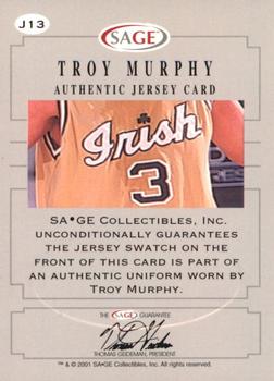2001 SAGE - Authentic Jerseys Platinum #J13 Troy Murphy Back