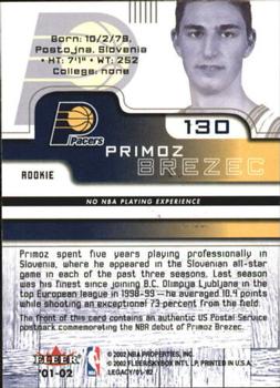 2001-02 Fleer Force - Rookie Postmarks #130 Primoz Brezec Back