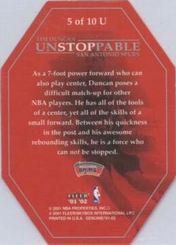 2001-02 Fleer Genuine - Unstoppable #5 U Tim Duncan Back