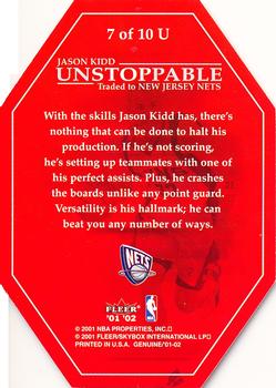 2001-02 Fleer Genuine - Unstoppable #7 U Jason Kidd Back