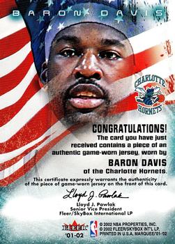 2001-02 Fleer Marquee - Banner Season Memorabilia #NNO Baron Davis Back