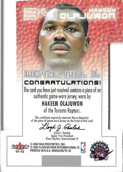 2001-02 Fleer Marquee - We're Number One Memorabilia #NNO Hakeem Olajuwon Back