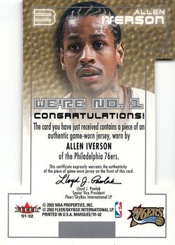 2001-02 Fleer Marquee - We're Number One Memorabilia #NNO Allen Iverson Back