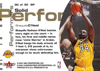 2001-02 Fleer Premium - Solid Performers #30 SP Shaquille O'Neal Back