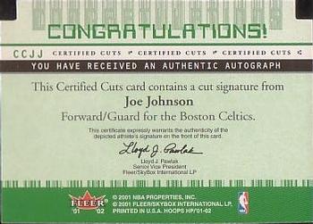 2001-02 Hoops Hot Prospects - Certified Cuts #CCJJ Joe Johnson Back