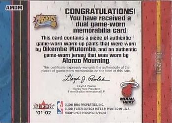 2001-02 Hoops Hot Prospects - Hoops Hot Tandems #AMDM Alonzo Mourning / Dikembe Mutombo Back