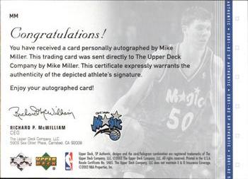 2001-02 SP Authentic - SP Signatures #MM Mike Miller Back