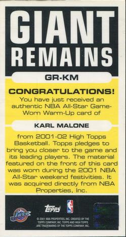 2001-02 Topps High Topps - Giant Remains #GR-KM Karl Malone Back