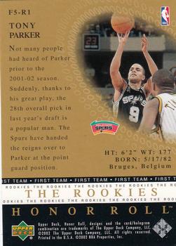 2001-02 Upper Deck Honor Roll - Fab Fives The Rookies #F5-R1 Tony Parker Back