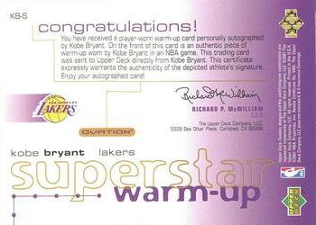 2001-02 Upper Deck Ovation - Superstar Warm-Ups Autographs #KB-S Kobe Bryant Back