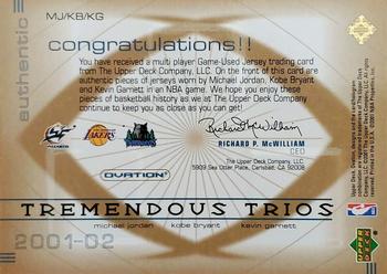 2001-02 Upper Deck Ovation - Tremendous Trios #MJ/KB/KG Michael Jordan / Kobe Bryant / Kevin Garnett Back