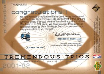 2001-02 Upper Deck Ovation - Tremendous Trios #TM/GH/MM Tracy McGrady / Grant Hill / Mike Miller Back