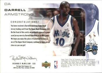 2001-02 Upper Deck Pros & Prospects - Game Jerseys #DA Darrell Armstrong Back