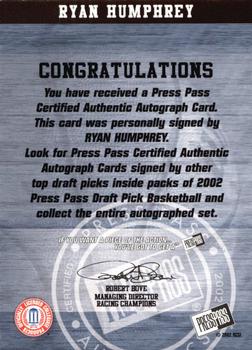 2002 Press Pass - Autographs #NNO Ryan Humphrey Back
