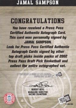 2002 Press Pass - Autographs #NNO Jamal Sampson Back