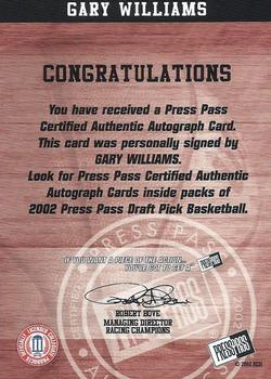 2002 Press Pass - Autographs #NNO Gary Williams Back