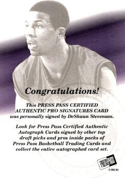 2002 Press Pass - Pro Autographs #NNO DeShawn Stevenson Back