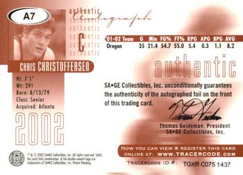 2002 SAGE - Autographs Gold #A7 Chris Christoffersen Back