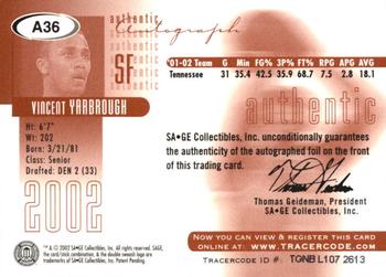 2002 SAGE - Autographs Gold #A36 Vincent Yarbrough Back