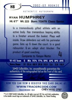 2002 SAGE HIT - Autographs Emerald #H8 Ryan Humphrey Back