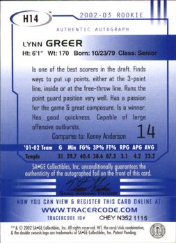 2002 SAGE HIT - Autographs Gold #H14 Lynn Greer Back