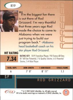 2002 SAGE HIT - Rarefied Emerald #R19 Rod Grizzard Back