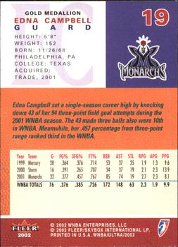 2002 Ultra WNBA - Gold Medallion #19 Edna Campbell Back