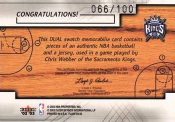 2002-03 Flair - Court Kings Ball and Jersey #NNO Chris Webber Back