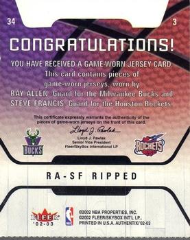 2002-03 Fleer Authentix - Jersey Authentix Game of the Week Ripped #RA-SF Ray Allen / Steve Francis Back