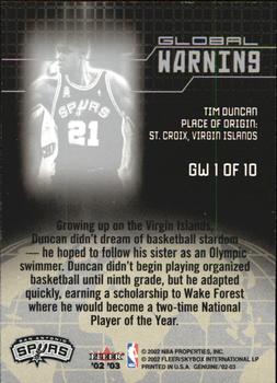 2002-03 Fleer Genuine - Global Warning #GW 1 Tim Duncan Back