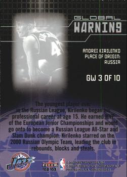 2002-03 Fleer Genuine - Global Warning #GW 3 Andrei Kirilenko Back