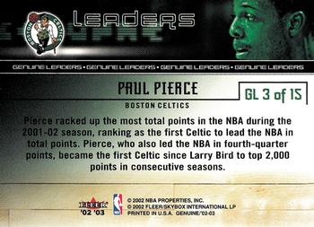2002-03 Fleer Genuine - Leaders #GL 3 Paul Pierce Back