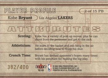 2002-03 Fleer Platinum - Inside the Playbook #2 PB Kobe Bryant Back